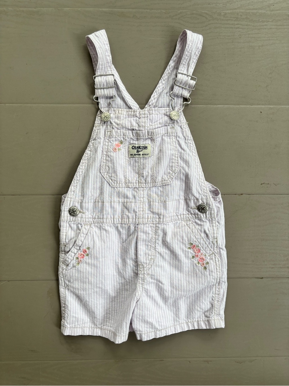OshKosh B'gosh Light Pink Striped Short Overalls with Floral Embroidery